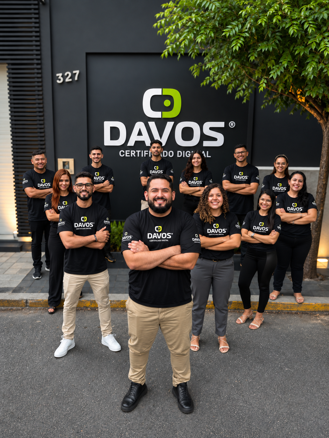 Equipe Davos na fachada da sede